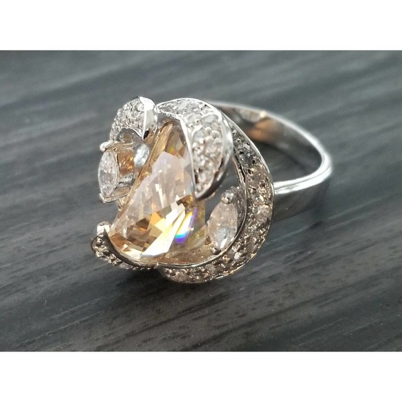 Absolute™ Geometric Champagne & Clear CZ Sterling Silver Ring Size 7 - Picture 1 of 11